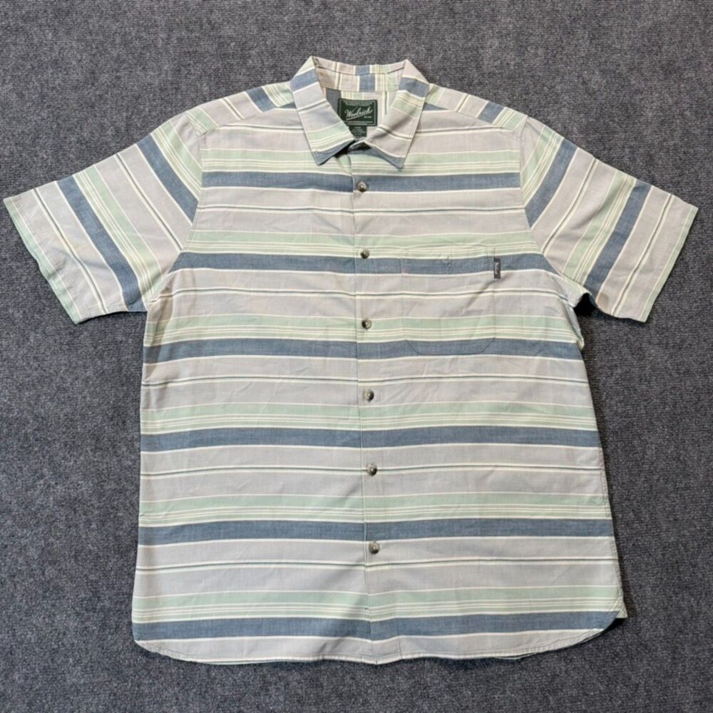 Woolrich Mens XL Short Sleeve Button Up Shirt Blue Green Striped Outdoor Casual